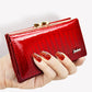 Portefeuille femme compact en cuir véritable verni effet crocodile avec fermoir métallique
