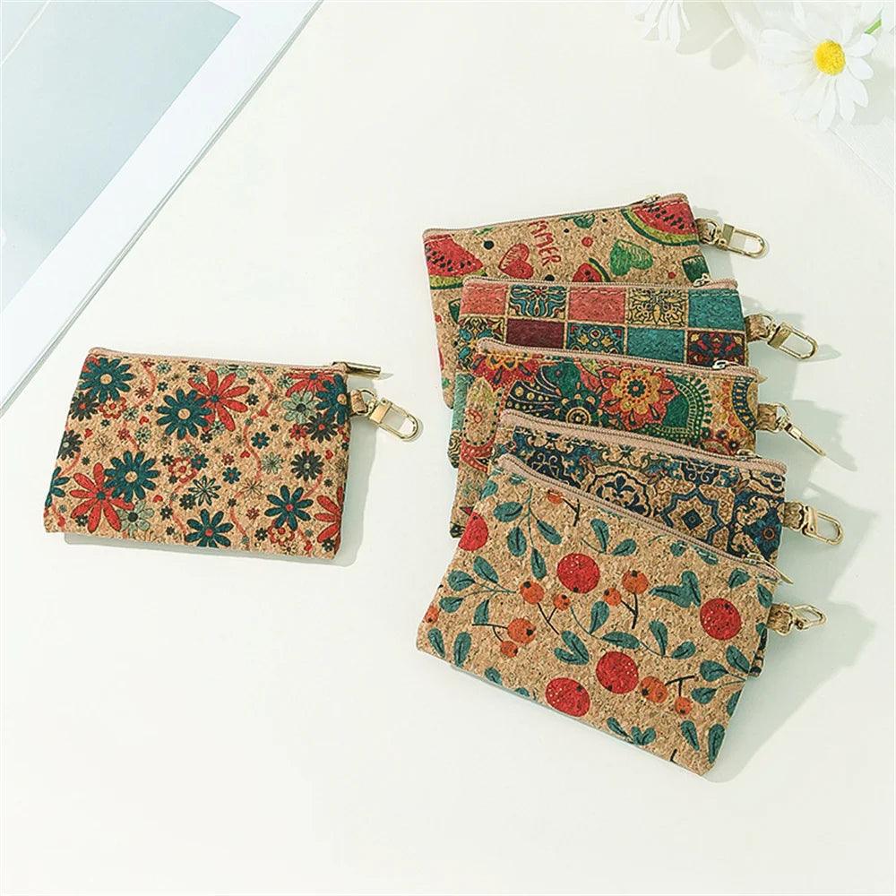 Portefeuille porte-monnaie en liège avec porte-clés zippé compact unisexe vintage