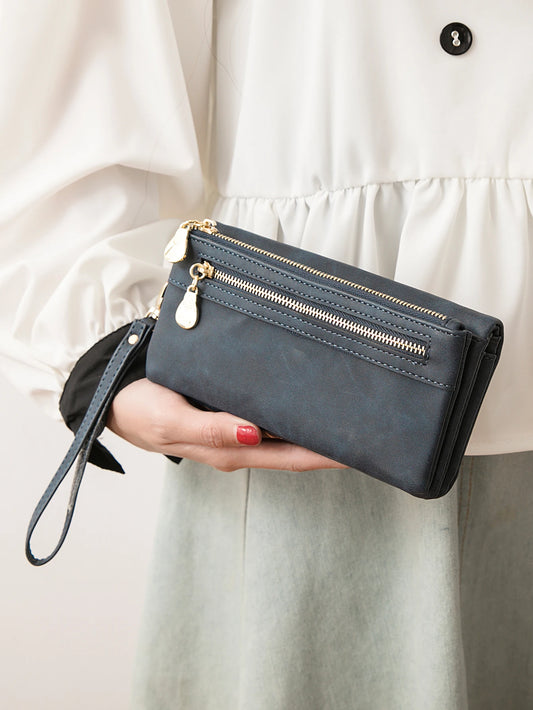Portefeuille long rétro à double fermeture éclair pour femme en cuir PU