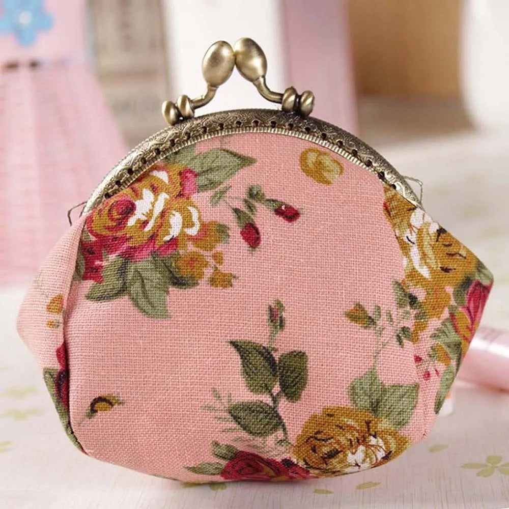 Porte-monnaie vintage à fermoir clic-clac en toile fleurie pour femme