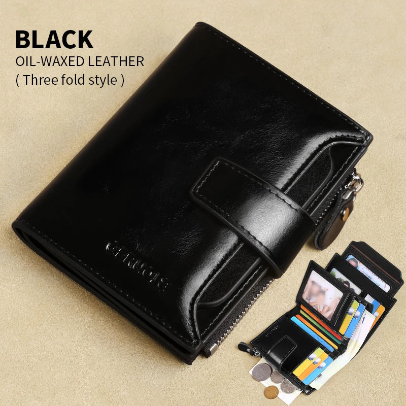 Portefeuille homme cuir véritable vintage RFID avec zip et porte-cartes multifonction
