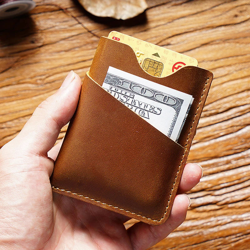 Porte-carte en cuir Crazy Horse véritable - style vintage et minimaliste