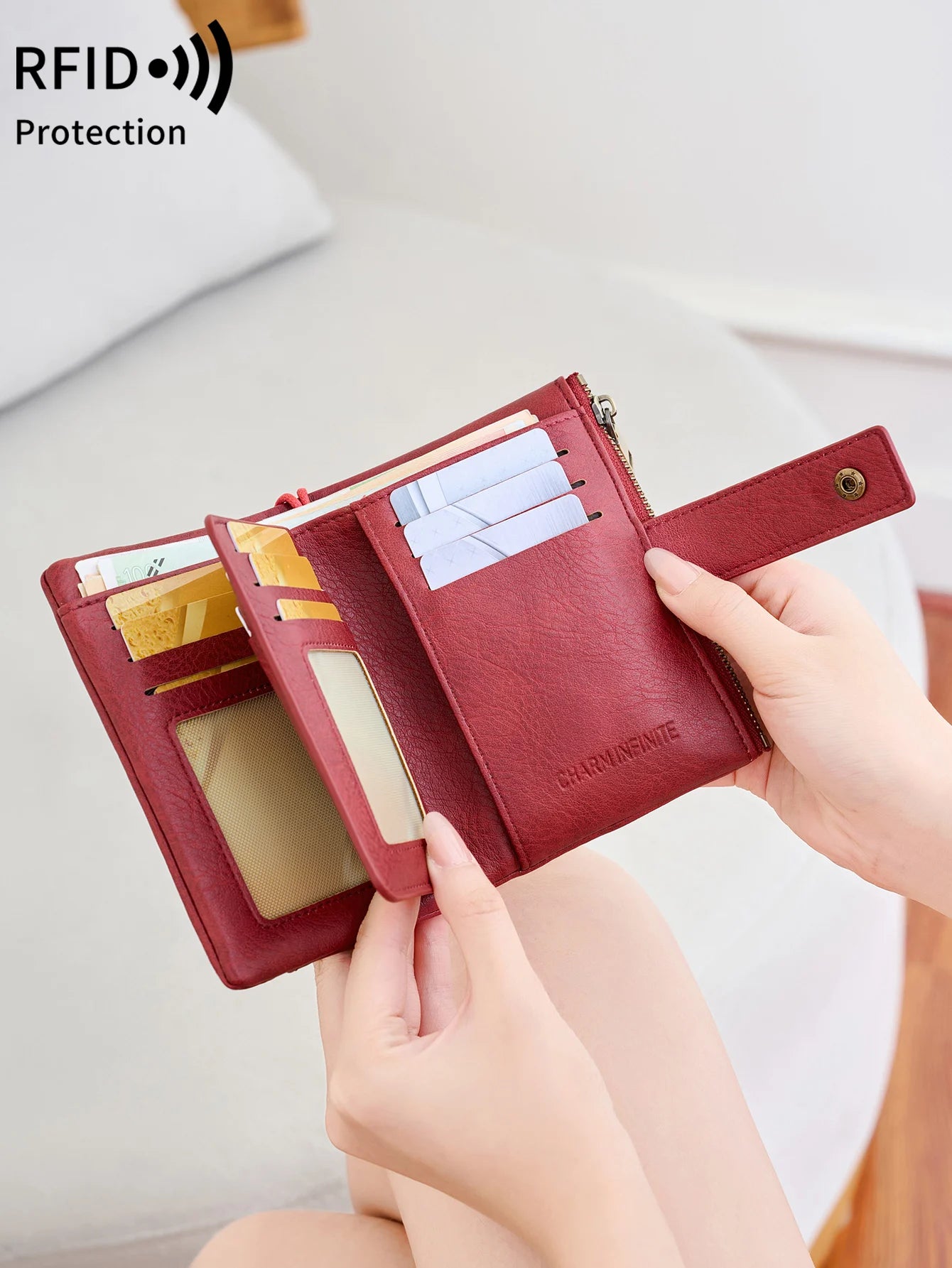 Portefeuille femme RFID en similicuir avec porte-cartes et porte-monnaie zippé