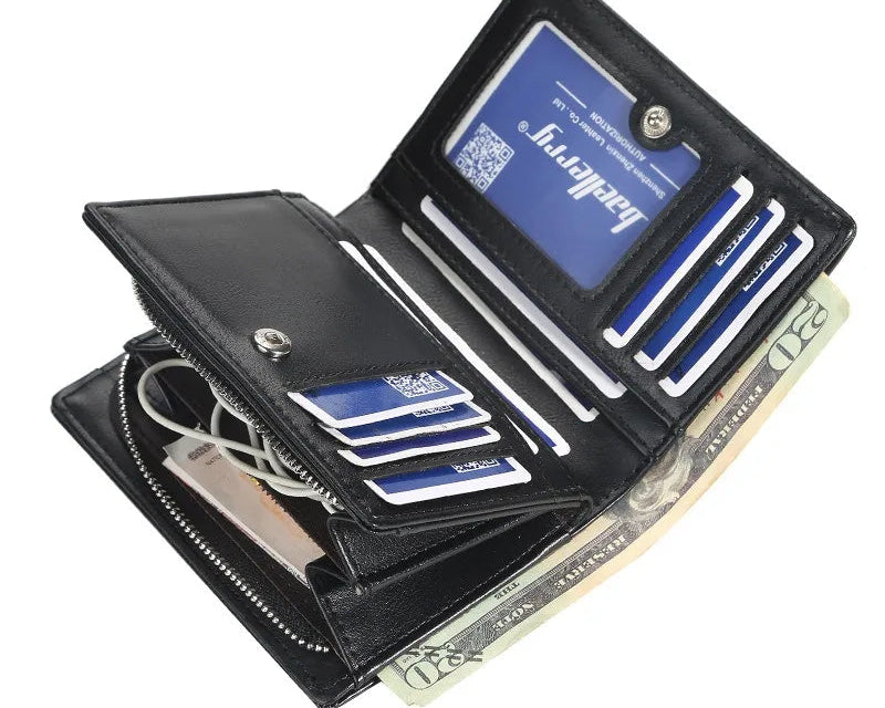 Portefeuille homme court en cuir pu vintage à grande capacité avec poche monnaie zippée