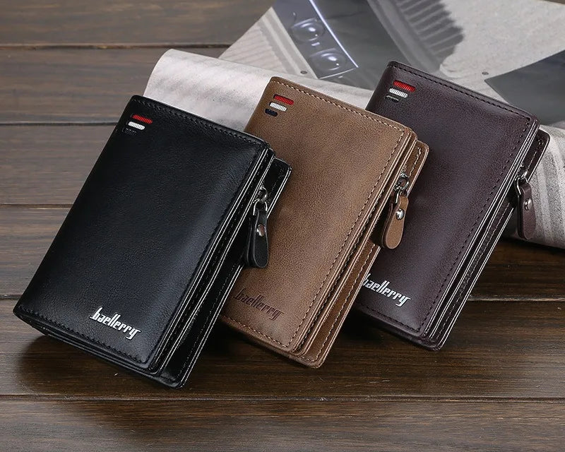 Portefeuille homme court en cuir pu vintage à grande capacité avec poche monnaie zippée
