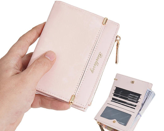 Portefeuille femme compact en cuir PU avec porte-monnaie zippé et fente photo