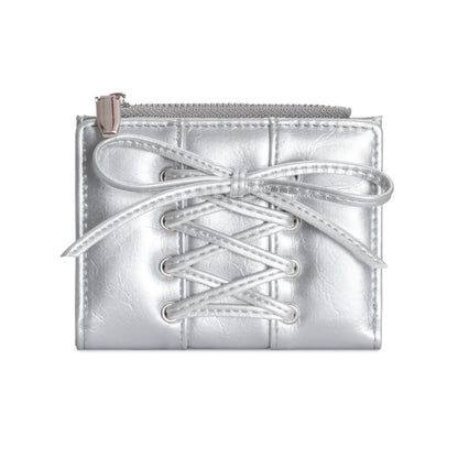 Portefeuille court Y2K ultra-fin avec laçage corset et nœud pour femme