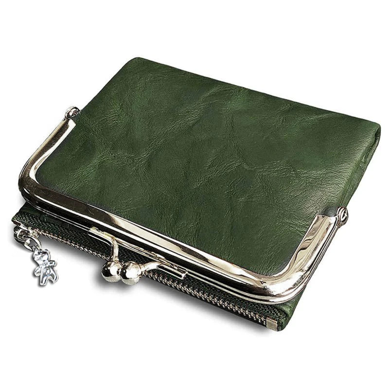 Portefeuille vintage en cuir pour femme avec fermoir Kiss Lock et grande capacité
