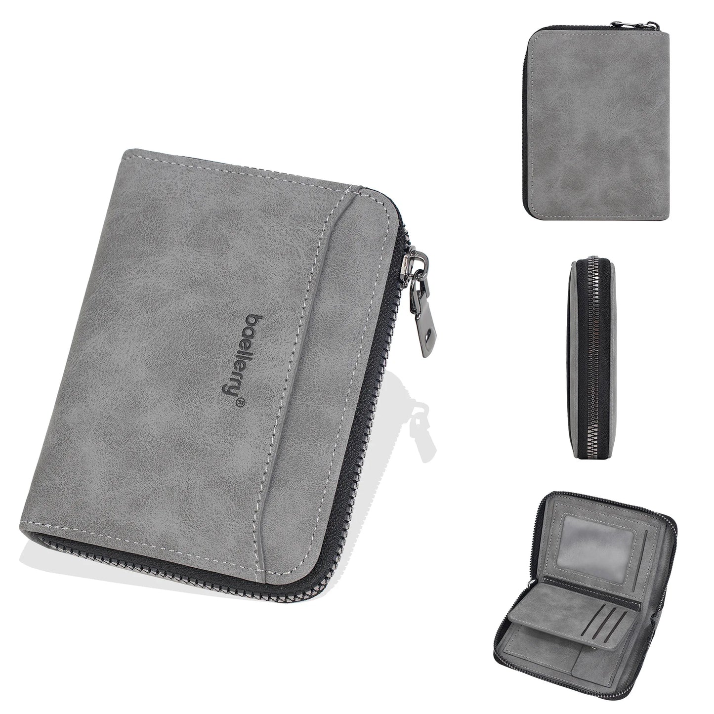 Portefeuille homme compact en cuir PU effet suédé avec zip et porte-cartes multifonction