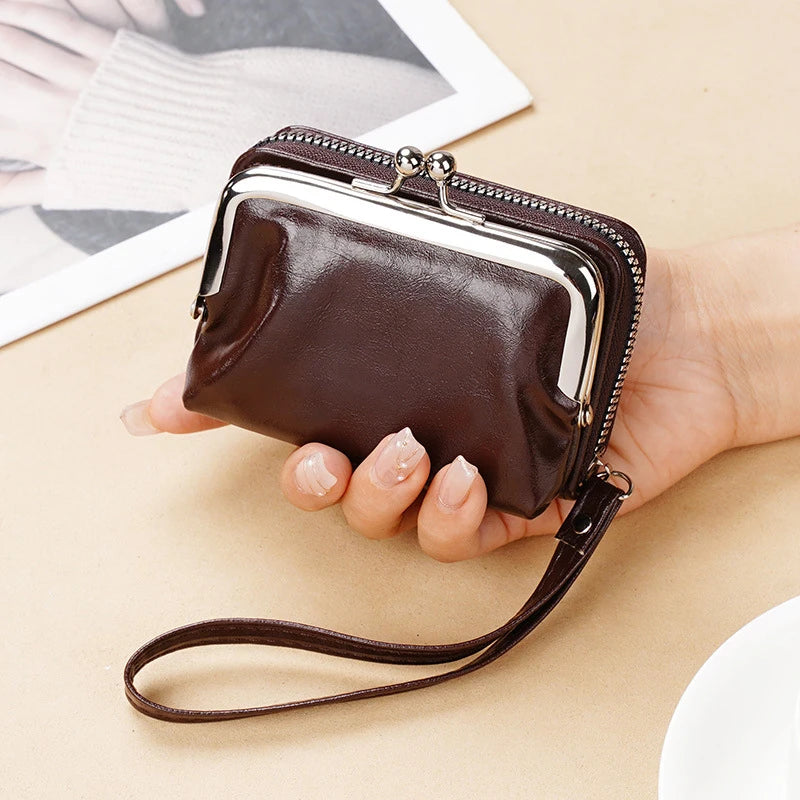 Portefeuille femme compact vintage en cuir PU avec fermoir clip et dragonne
