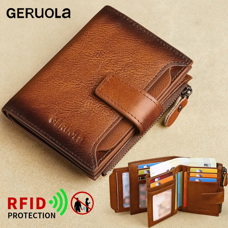 Portefeuille homme cuir véritable vintage RFID avec zip et porte-cartes multifonction