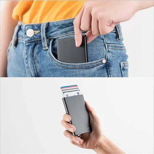 Porte-cartes RFID en métal ultra fin avec système pop-up portefeuille minimaliste