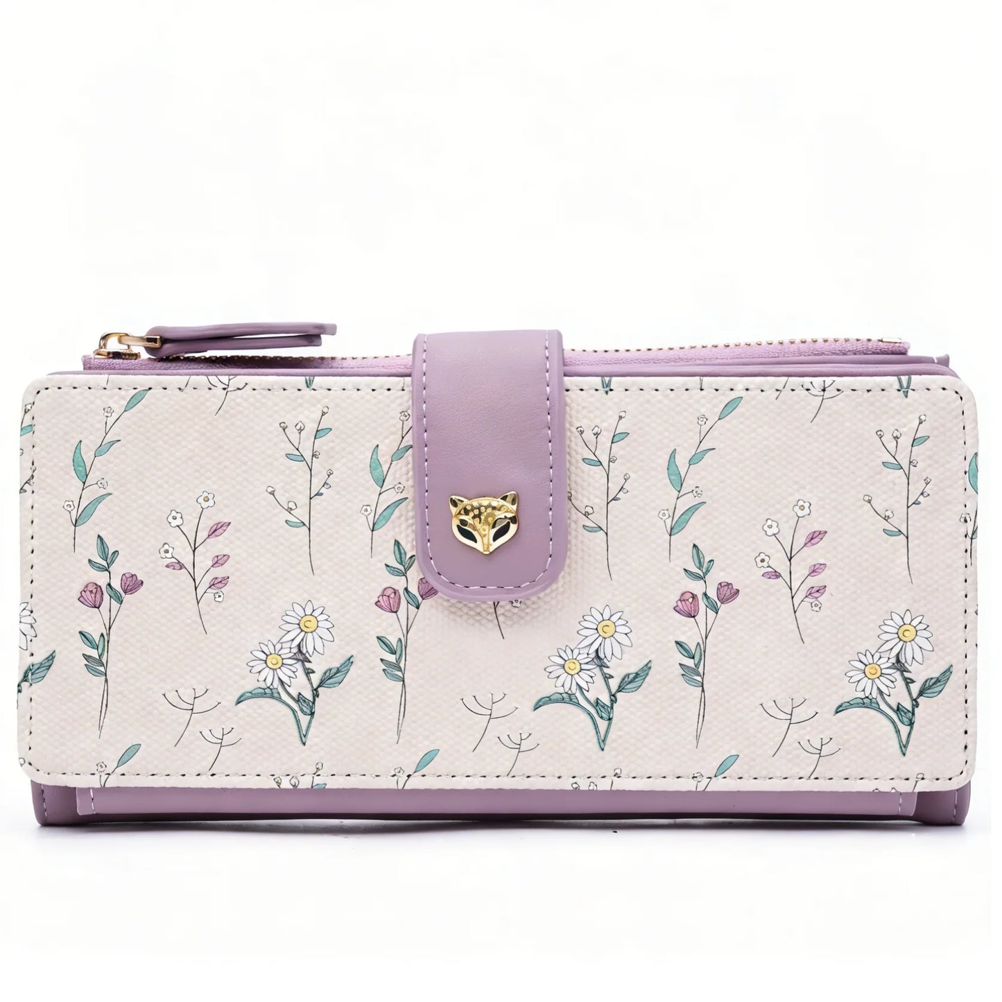 Portefeuille long femme floral en cuir PU avec zip et rabat grande capacité élégant