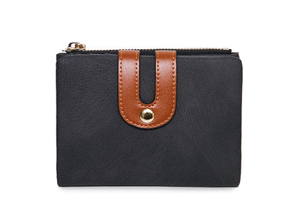 Portefeuille femme compact en cuir PU bicolore avec zip et rabat grande capacité