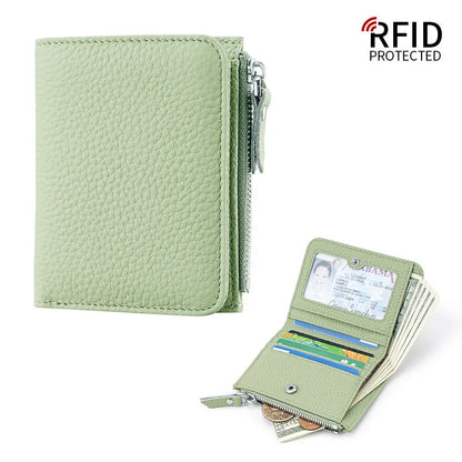 Portefeuille femme compact en cuir véritable RFID avec zip et porte-cartes sécurisé