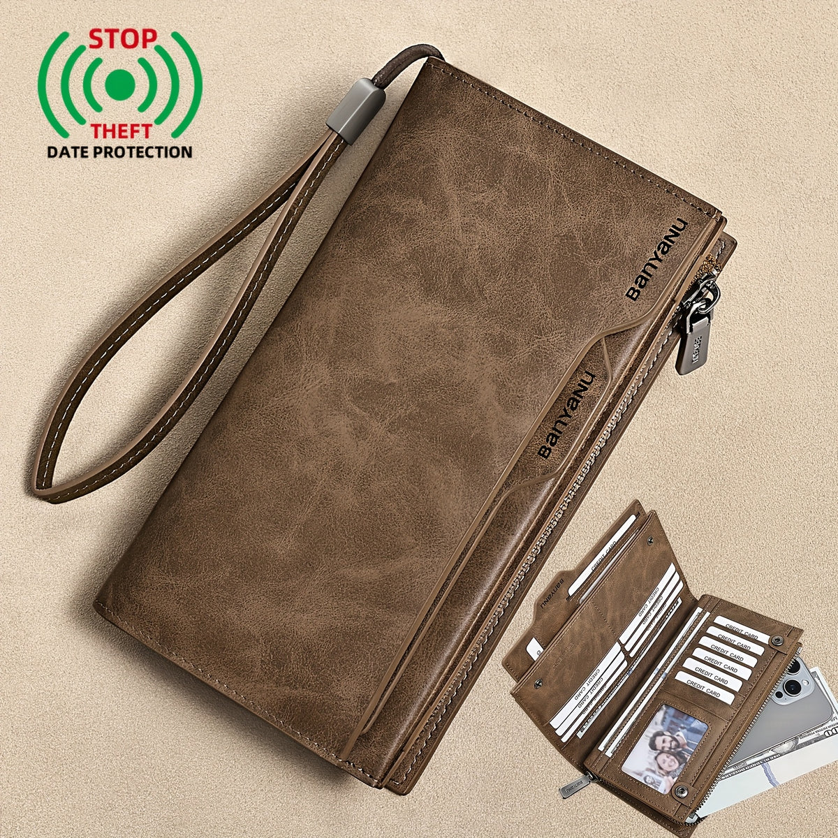 Portefeuille homme long en cuir vintage, 26 emplacements