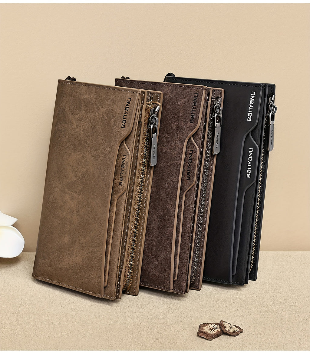 Portefeuille homme long en cuir vintage, 26 emplacements