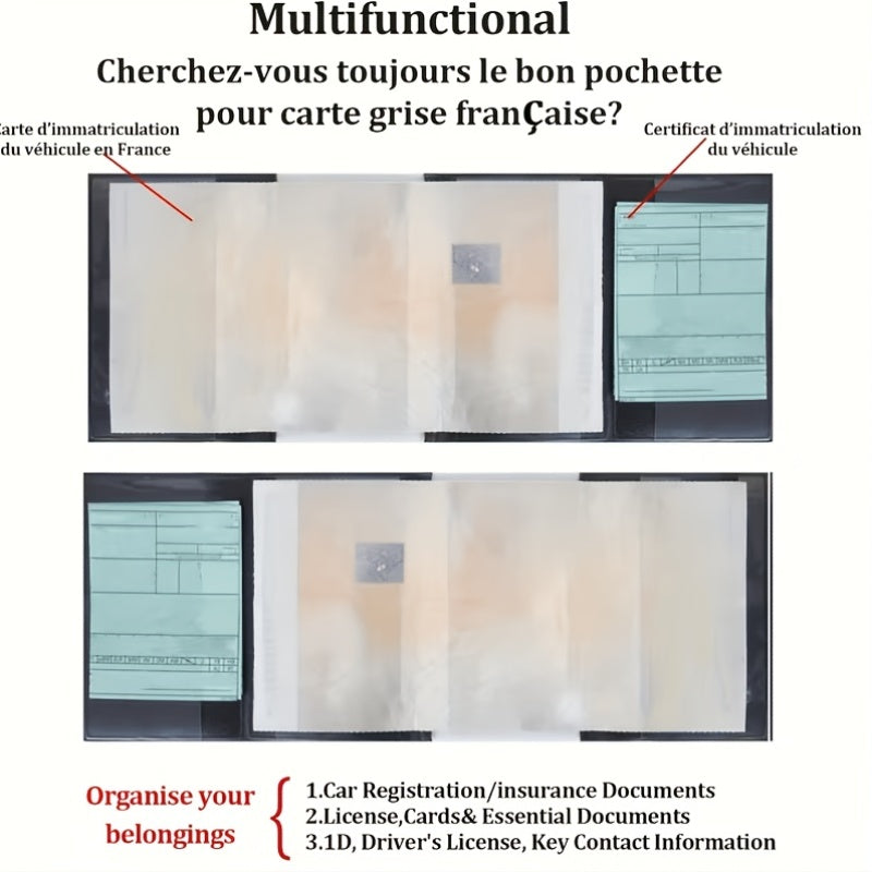 Étui carte grise en cuir PU, coins métal et quatre fenêtres