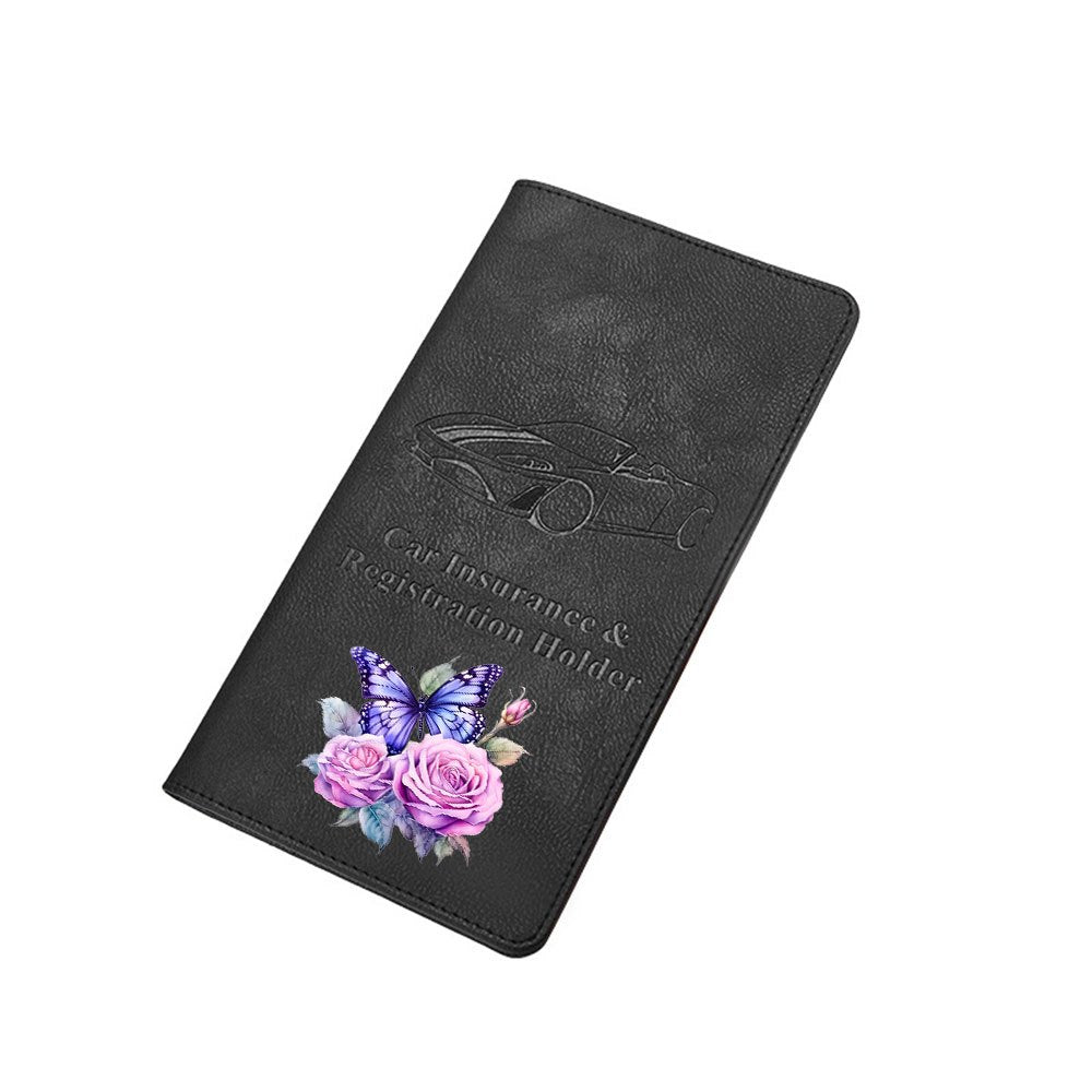 Étui carte grise noir, papillon violet sur roses, 24 x 13 cm