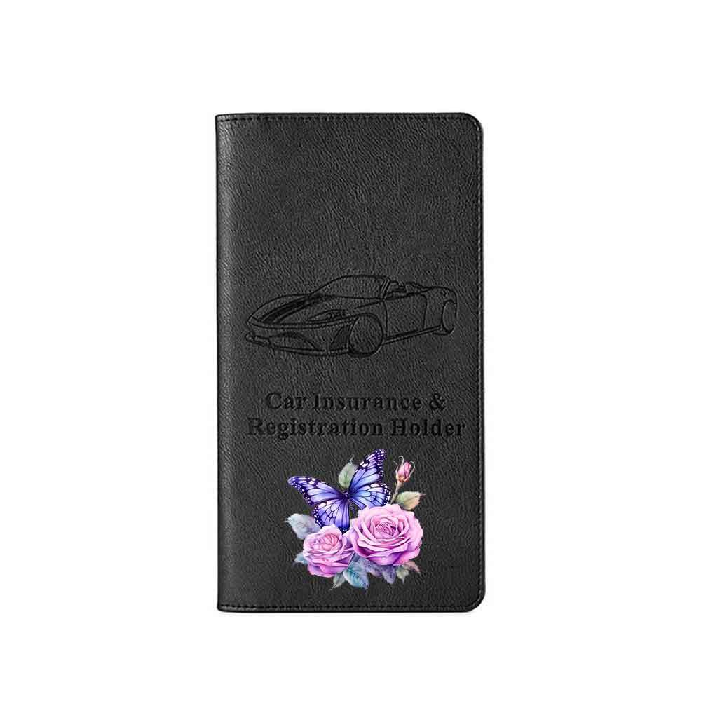 Étui carte grise noir, papillon violet sur roses, 24 x 13 cm