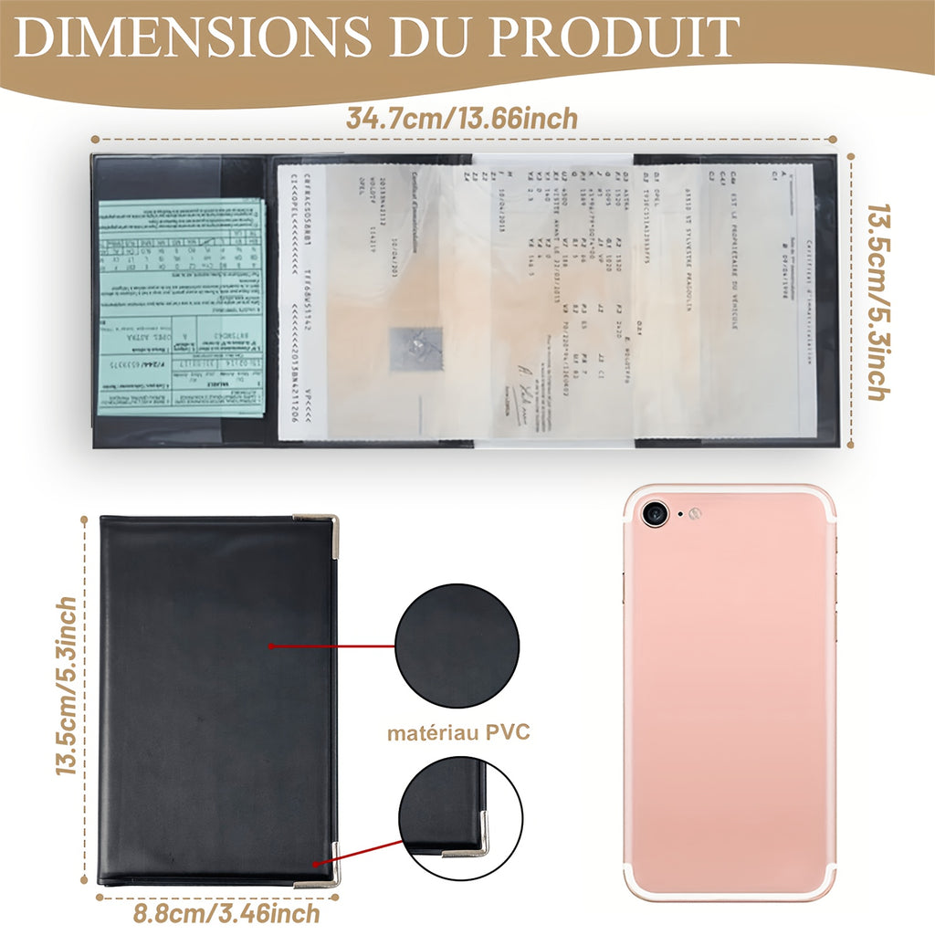 Étui carte grise PVC souple à quatre volets, 34,7 cm déplié