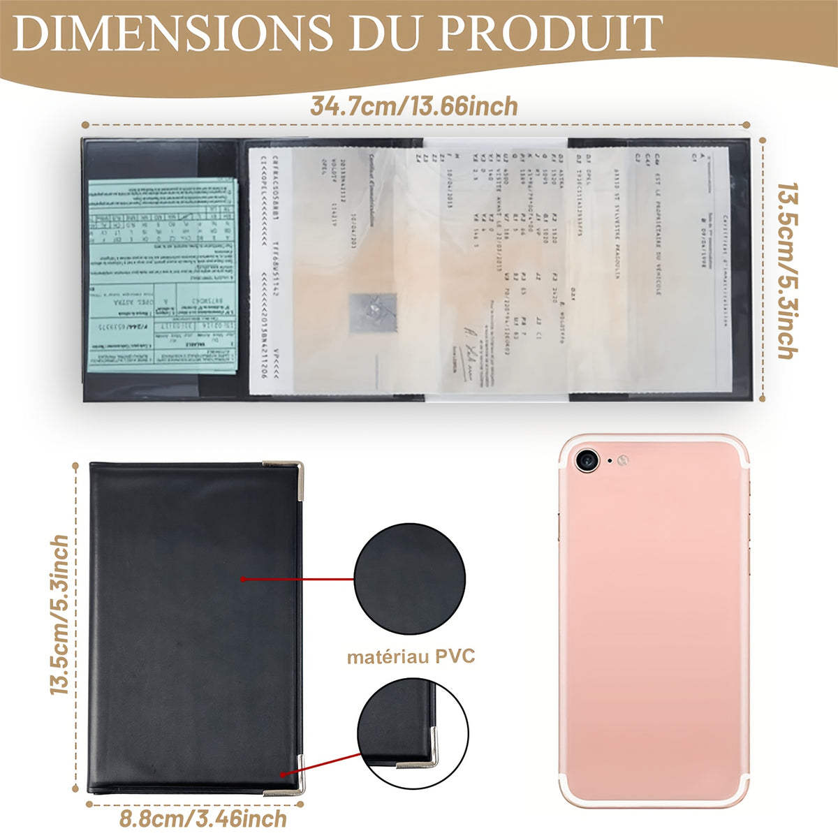 Étui carte grise PVC souple à quatre volets, 34,7 cm déplié