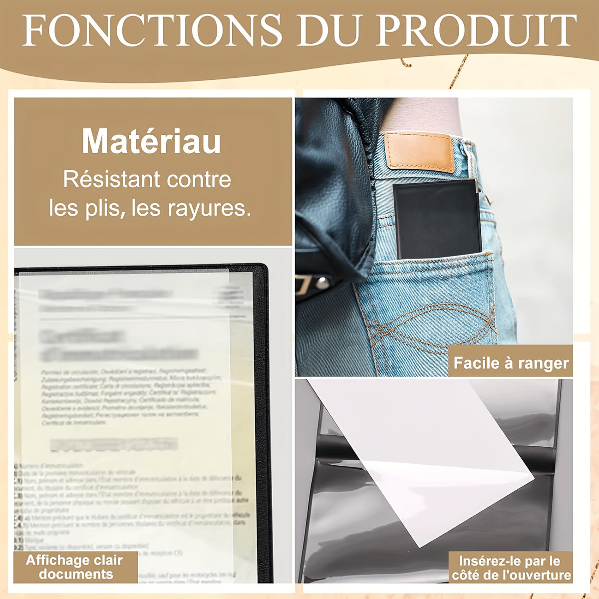 Étui carte grise PVC souple à quatre volets, 34,7 cm déplié