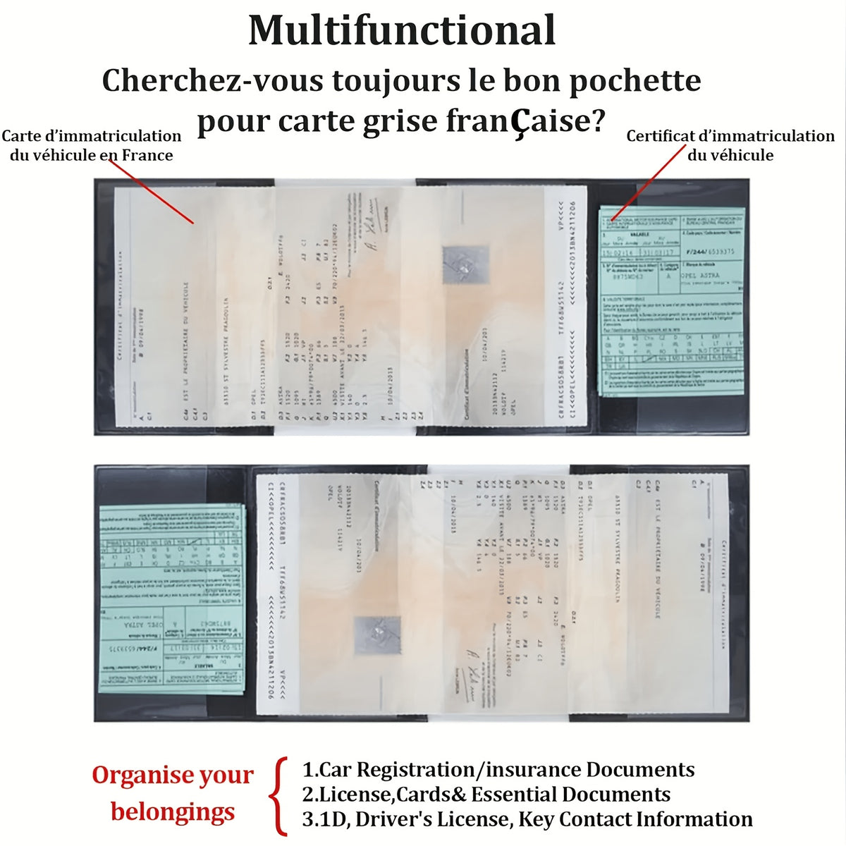 Étui carte grise PVC souple à quatre volets, 34,7 cm déplié