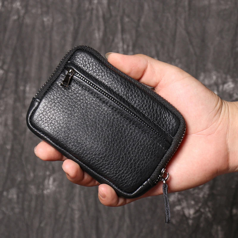 Mini portefeuille en cuir véritable zippé compact unisexe porte-monnaie poche — photo 1