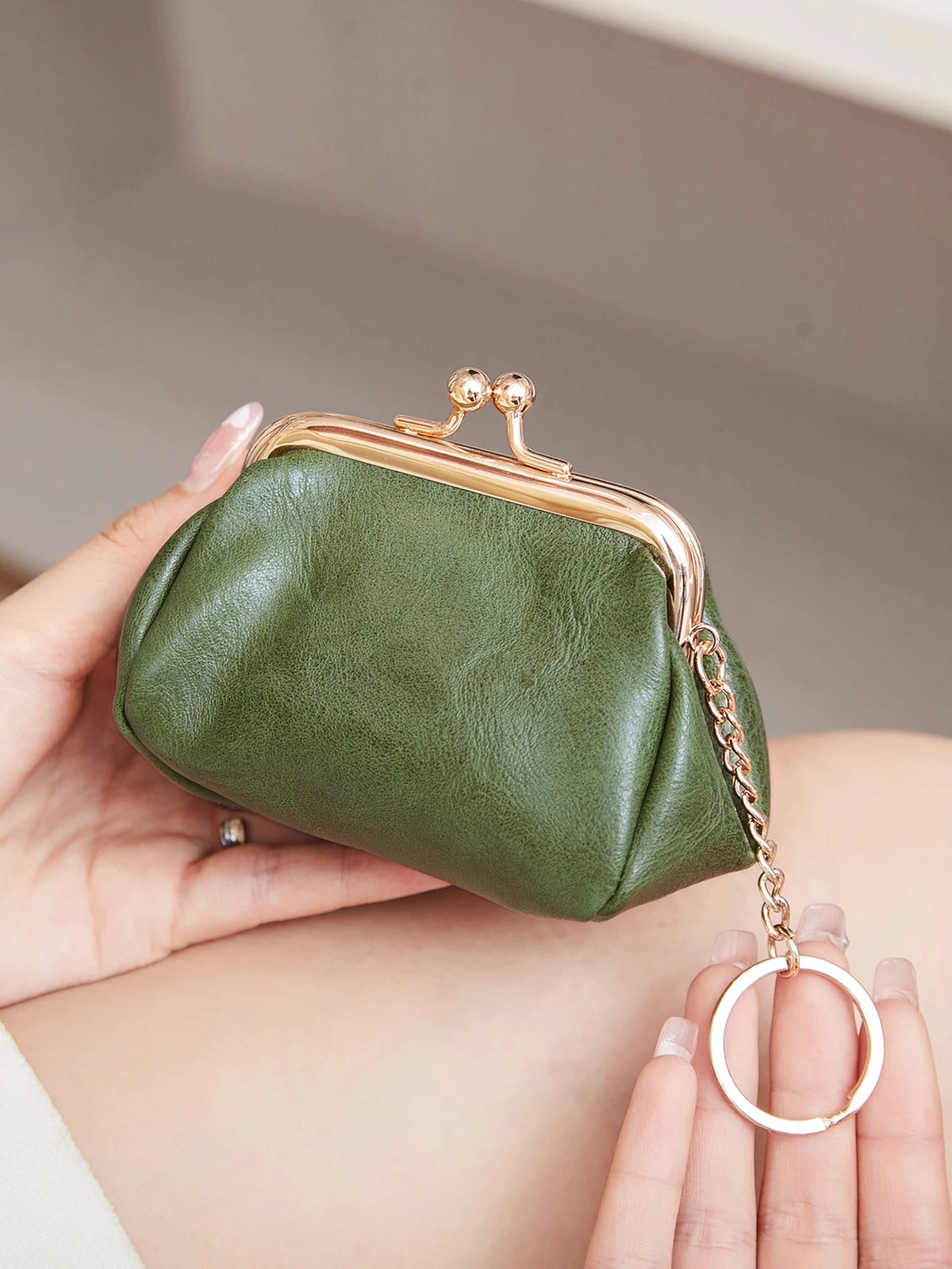 Mini porte-monnaie rétro en cuir PU avec fermoir Kiss Lock et porte-clés intégré — photo 3