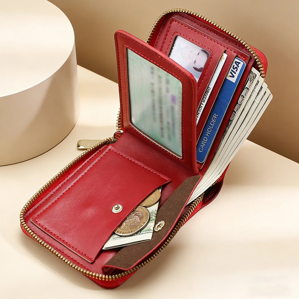 Petit portefeuille femme zippé à fenêtre d'identité relevable