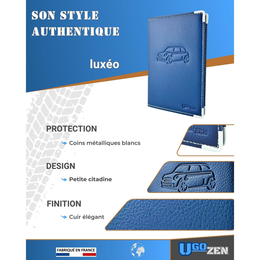Pochette carte grise bleue simili cuir, étui cristal inclus