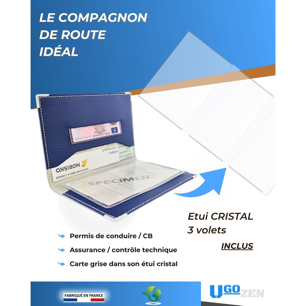 Pochette carte grise bleue simili cuir, étui cristal inclus
