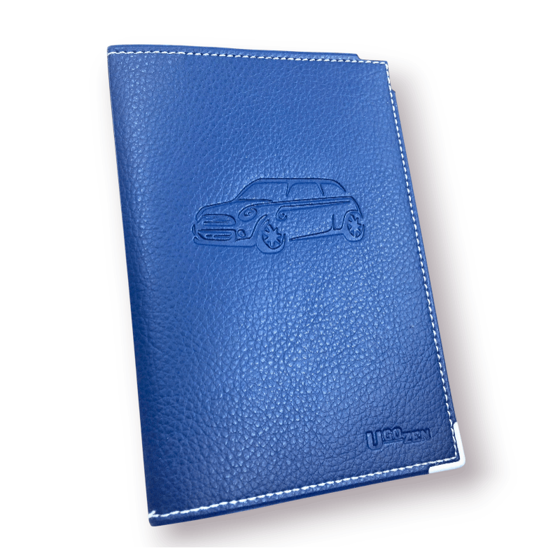 Pochette carte grise bleue simili cuir, étui cristal inclus