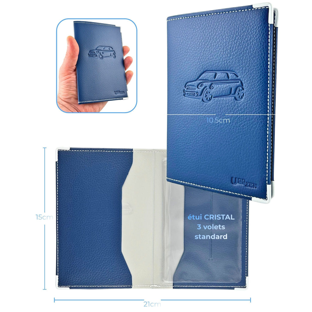 Pochette carte grise bleue simili cuir, étui cristal inclus