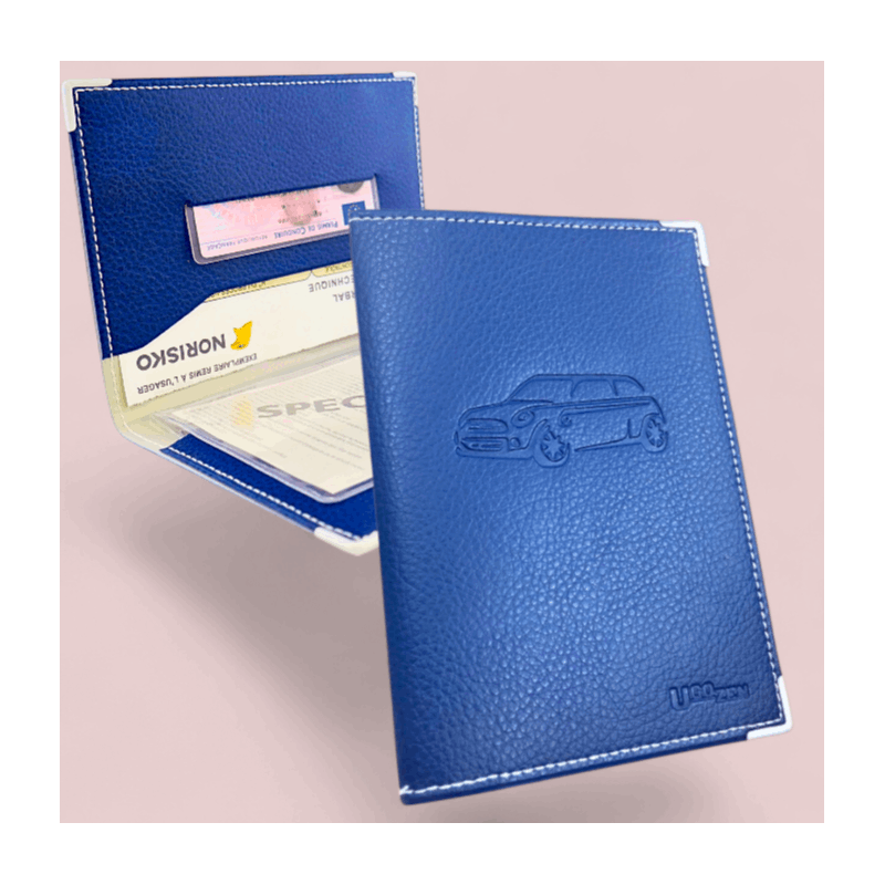 Pochette carte grise bleue simili cuir, étui cristal inclus