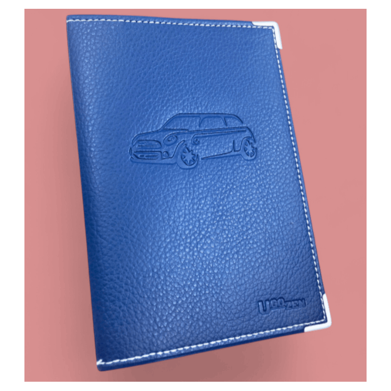 Pochette carte grise bleue simili cuir, étui cristal inclus