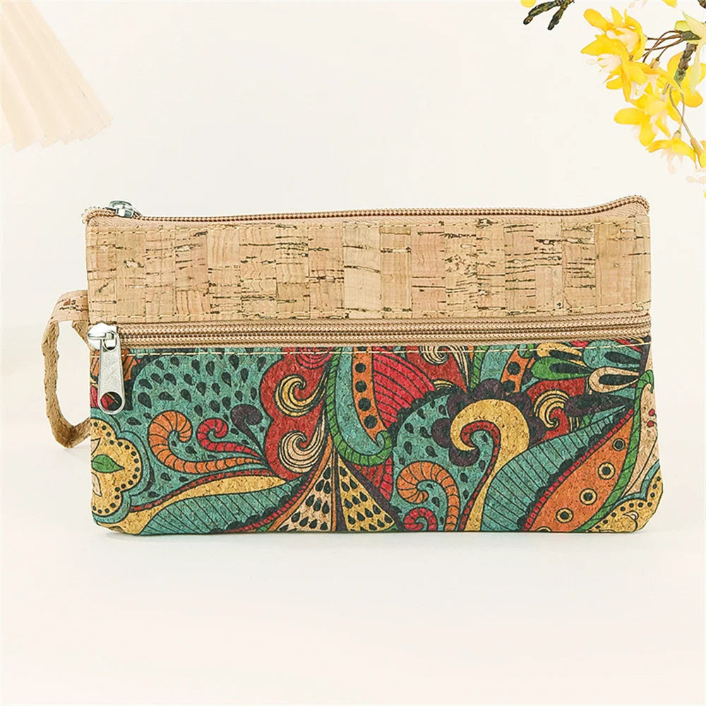 Pochette téléphone en liège zippée motif ethnique multifonction compacte — photo 1