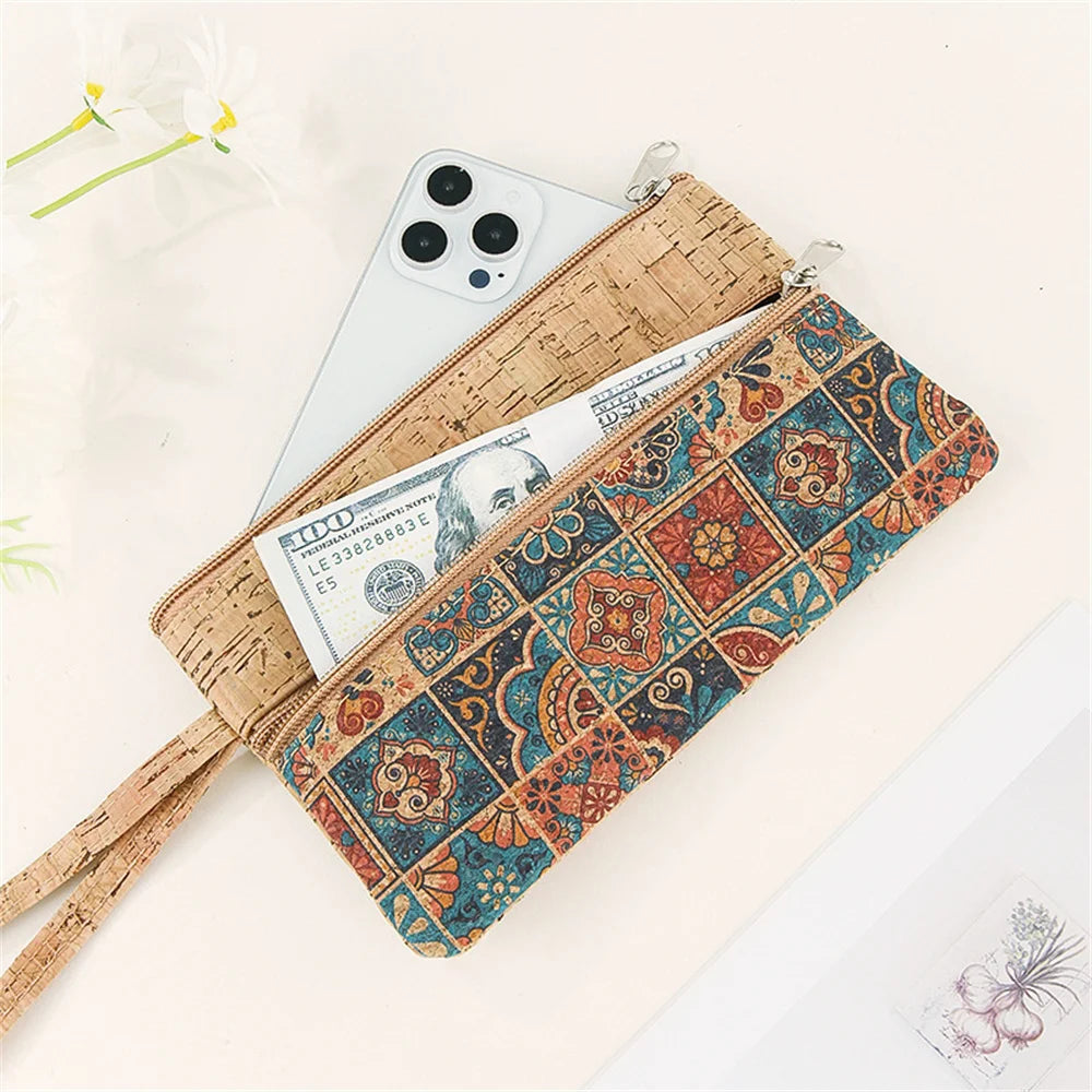 Pochette téléphone en liège zippée motif ethnique multifonction compacte — photo 2