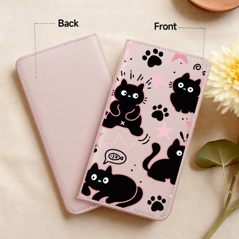 Porte-carte grise imprimé chats, six pochettes transparentes