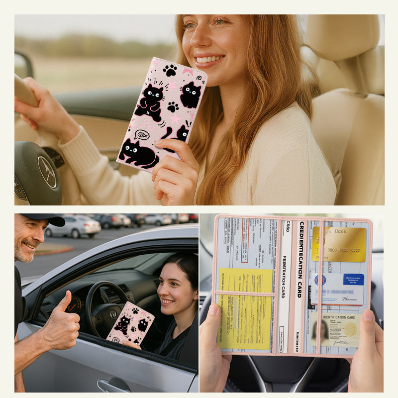 Porte-carte grise imprimé chats, six pochettes transparentes