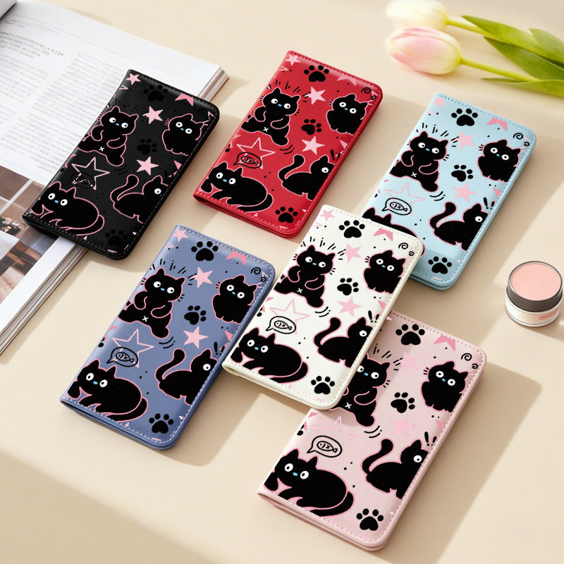 Porte-carte grise imprimé chats, six pochettes transparentes