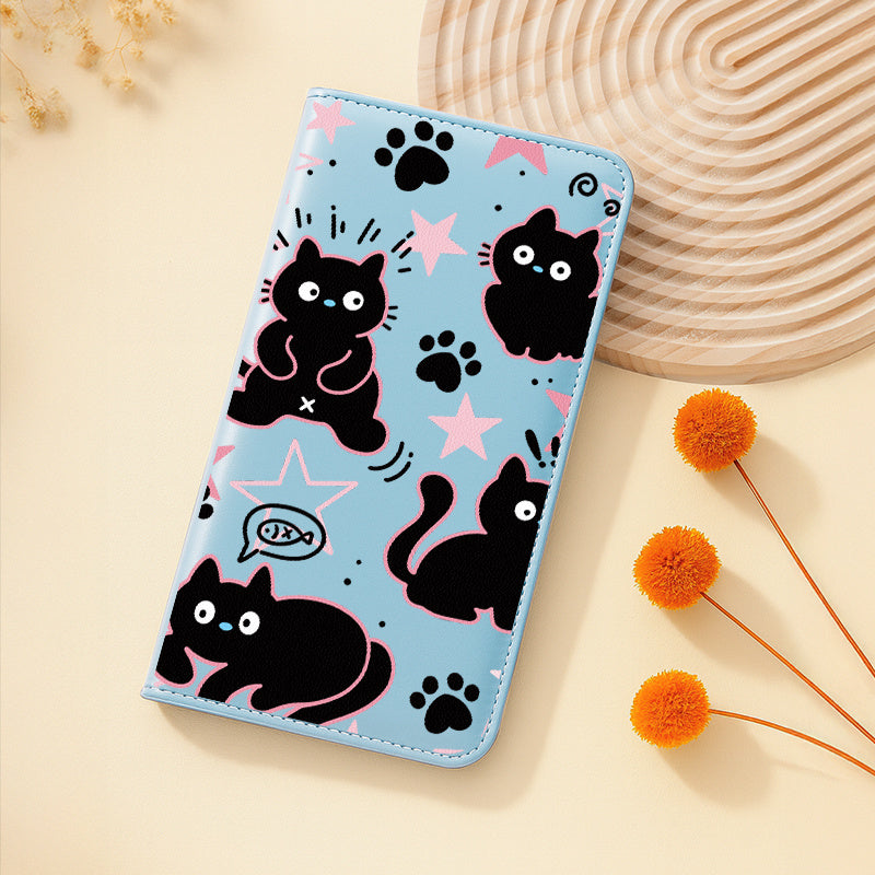 Porte-carte grise imprimé chats, six pochettes transparentes