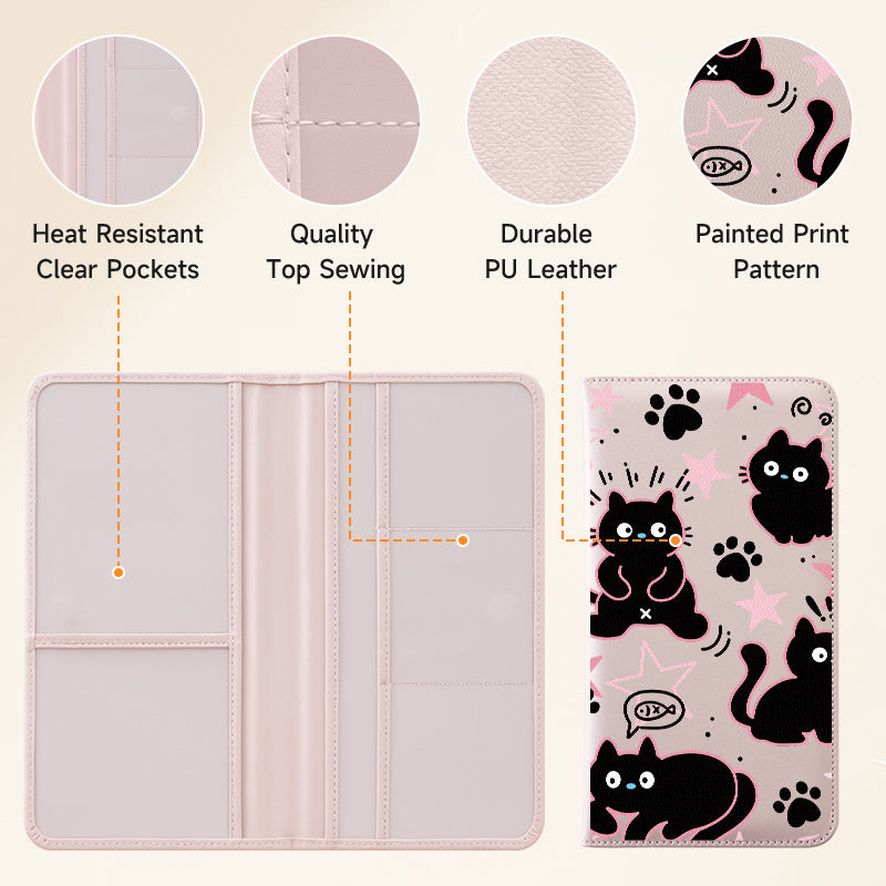 Porte-carte grise imprimé chats, six pochettes transparentes