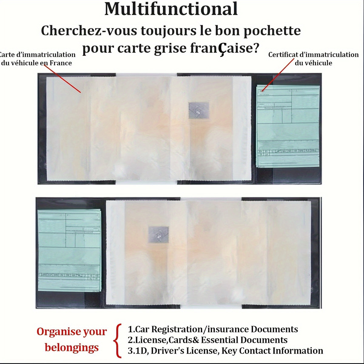 Porte-carte grise simili cuir noir, lot de 3 étuis 4 volets