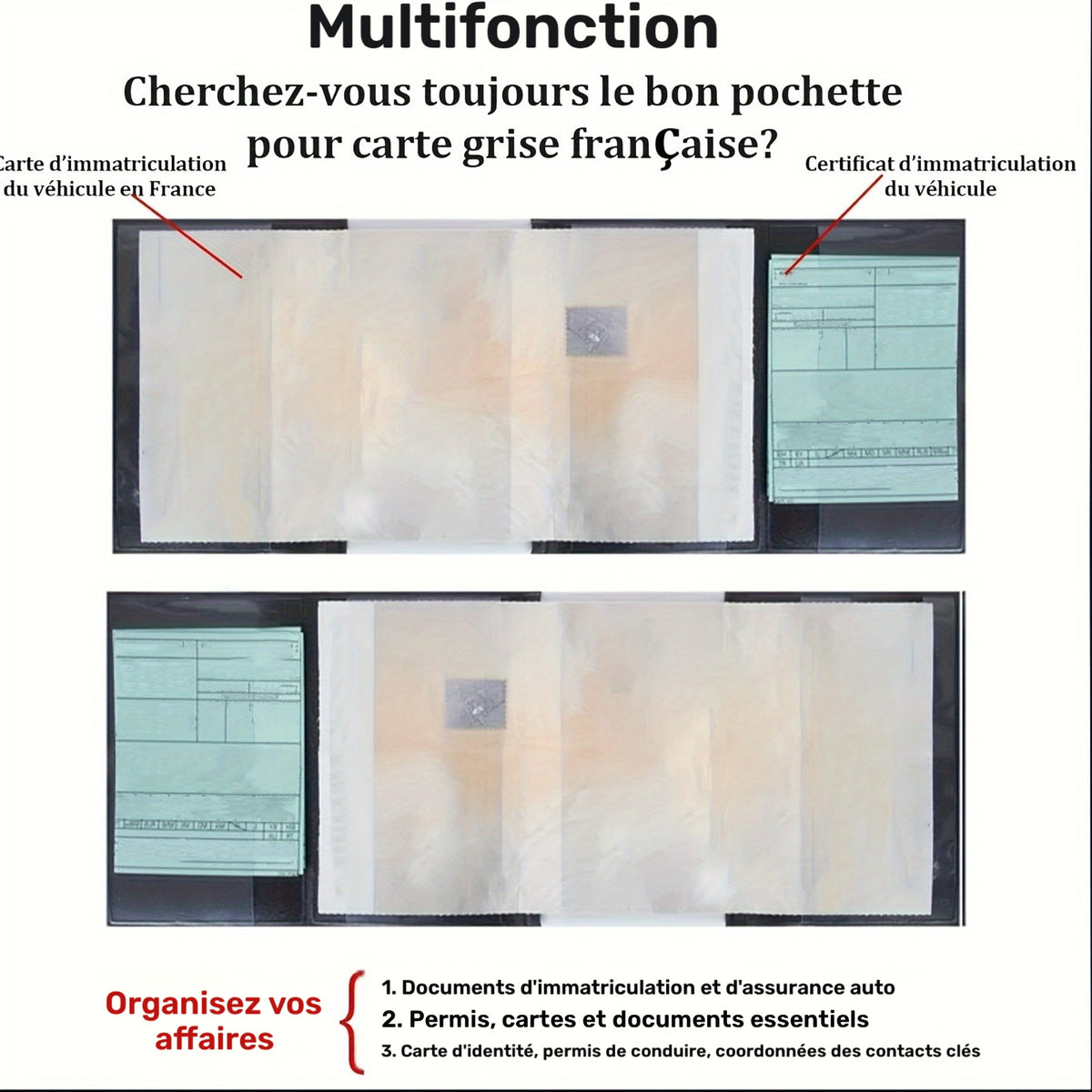 Porte-carte grise simili cuir noir, lot de 3 étuis 4 volets