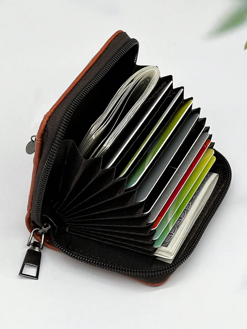 Porte-cartes accordéon rétro en simili cuir avec grande capacité et fermeture zippée — photo 1