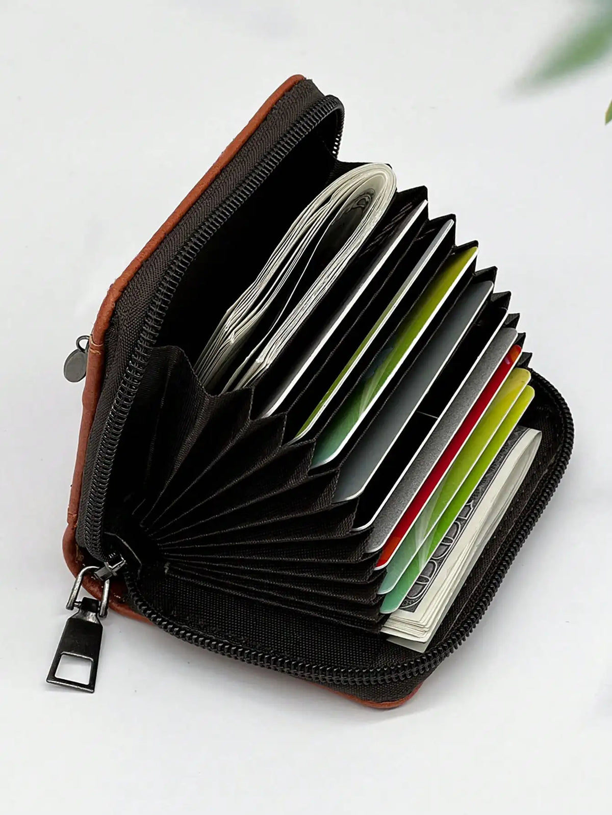 Porte-cartes accordéon rétro en simili cuir avec grande capacité et fermeture zippée — photo 1