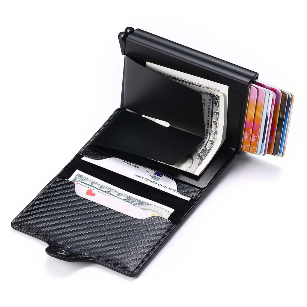 Porte-cartes slim en aluminium et cuir PU effet carbone avec capacité 14 cartes — photo 3