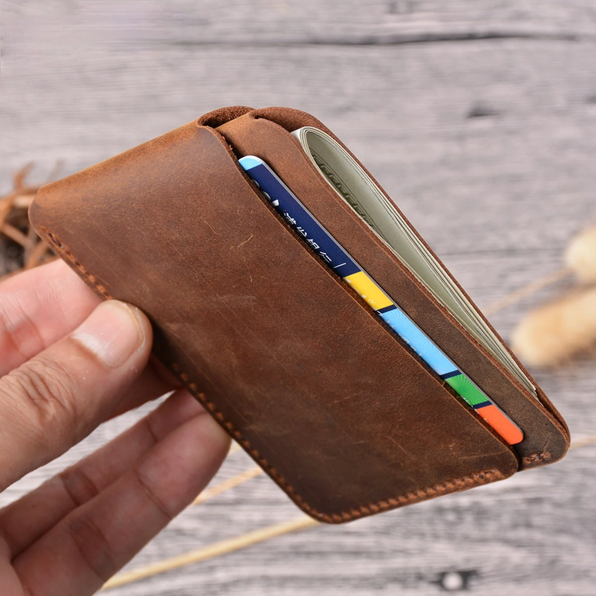 Porte-cartes slim en cuir véritable Crazy Horse compact avec 3 emplacements unisexe — photo 3